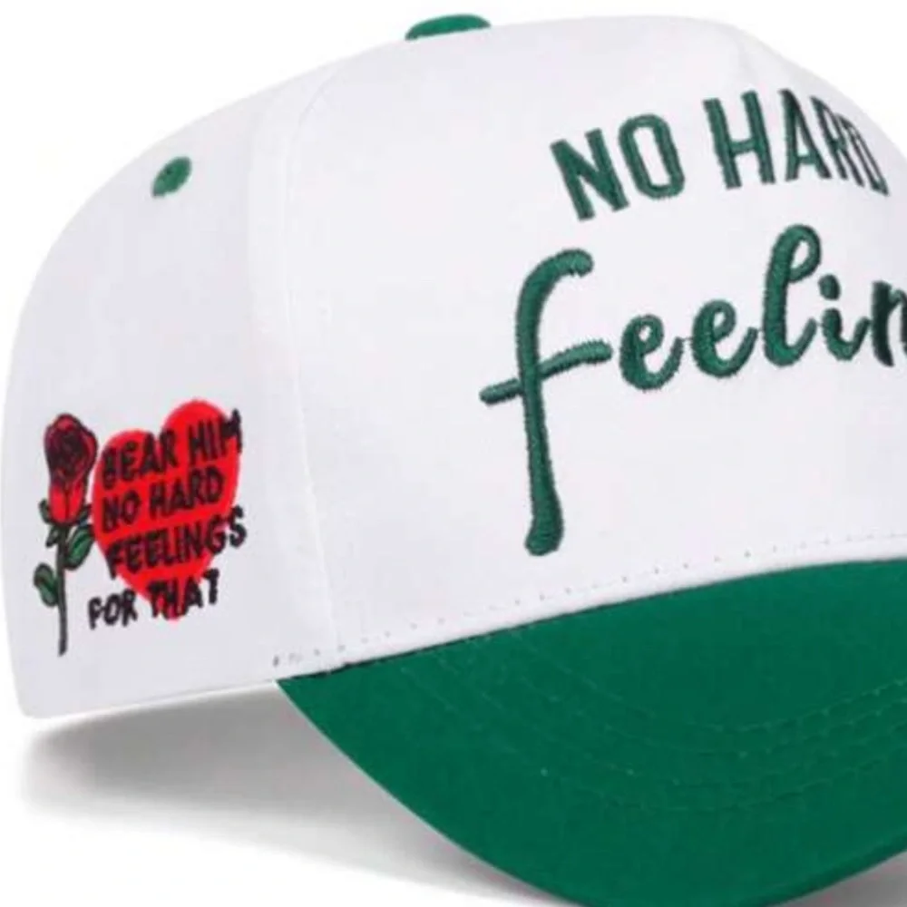•No Hard Feelings• Green & White Graphic Embroidered SnapBack